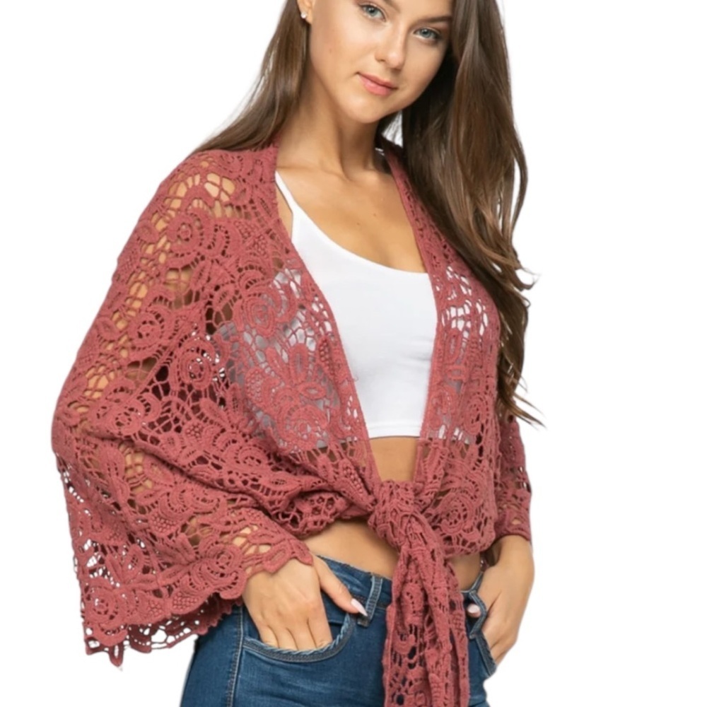 Raj Crochet Tie-Front Shrug - Dusty Rose